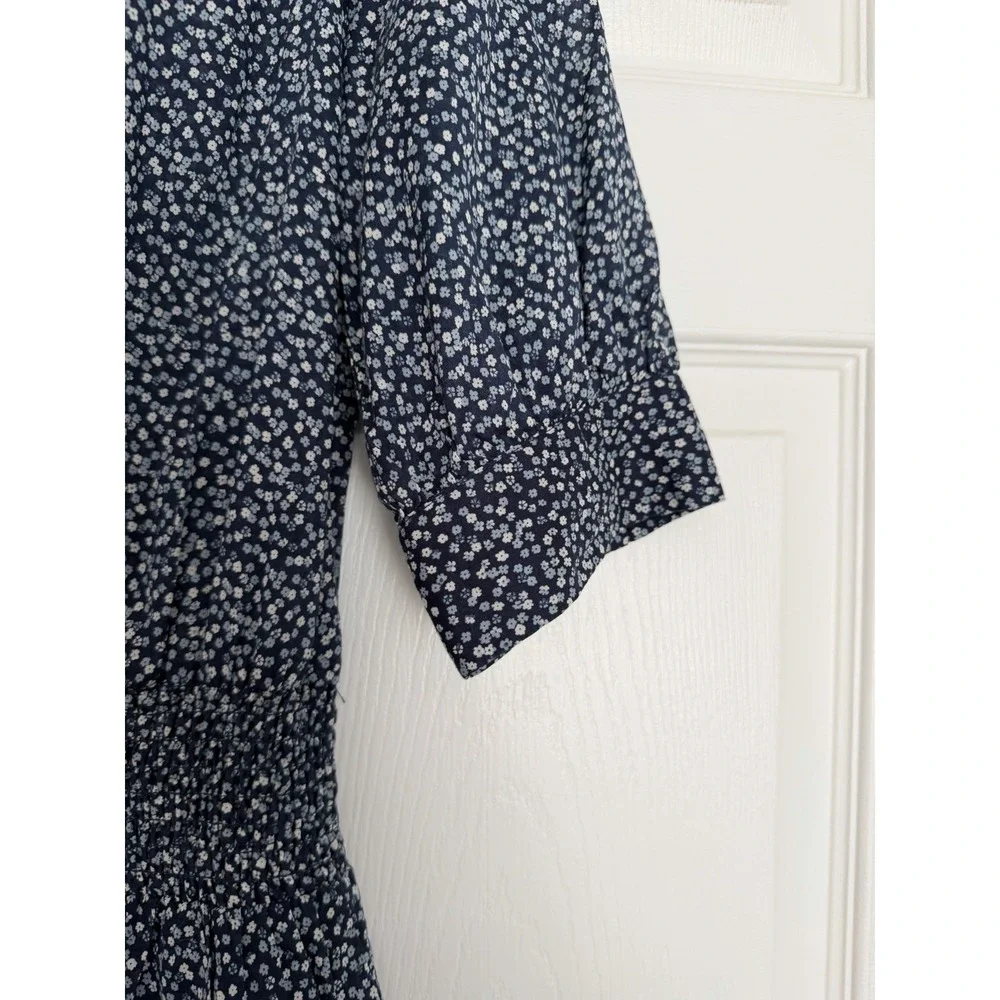 Michael Kors Floral Cotton Lawn Tiered Mini Dress Smocked Waist Navy Blue Medium